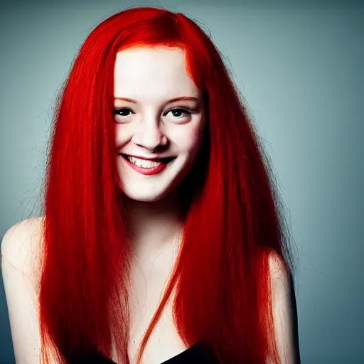 Image similar to young pretty girl with red hair smiling seductively at the camera, award winning portrait photo by annie liebowitz
