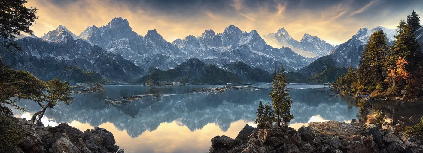 Image similar to photograph of mountains with a lake in front of them, trees on the side, rocks in foreground by marc adamus, highly detailed, intricate detail, cinematic lighting