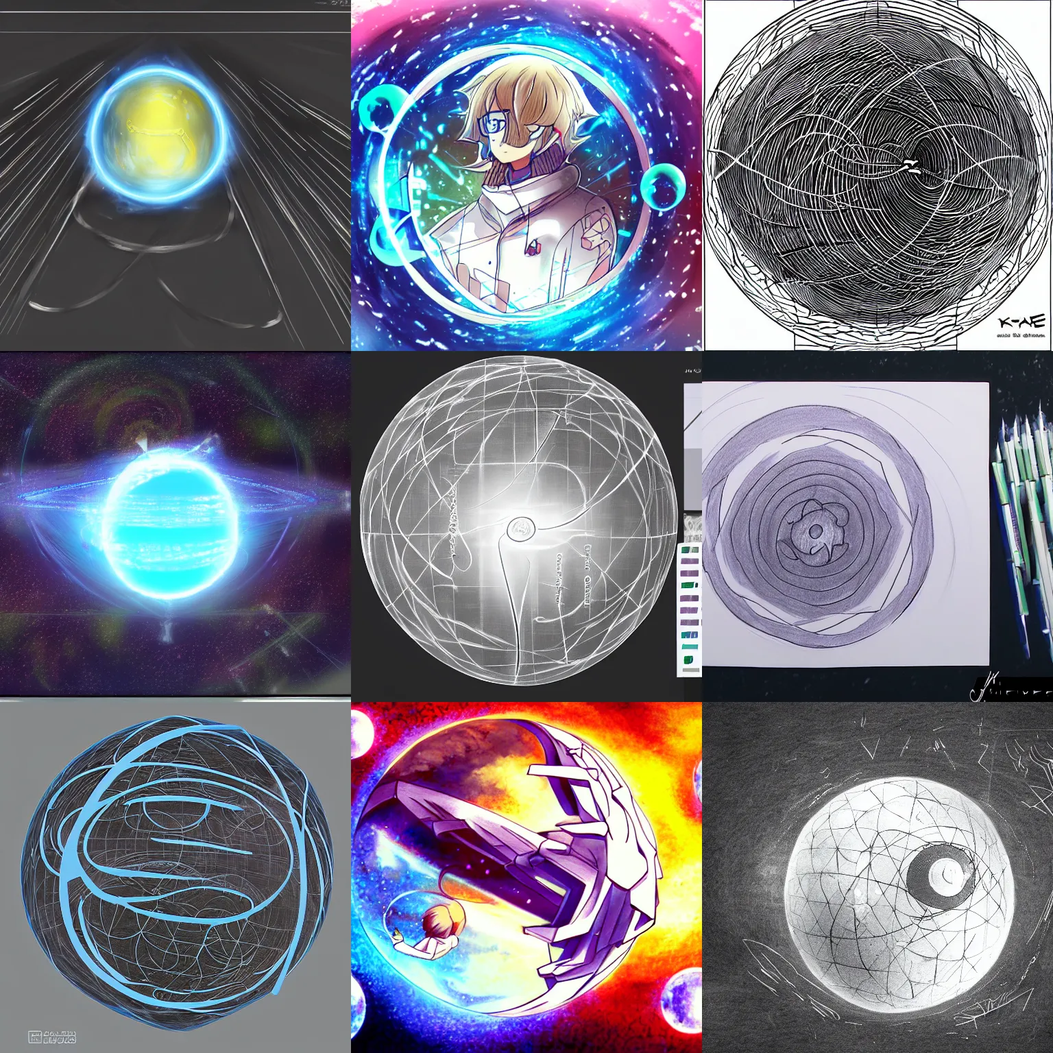 Prompt: 5 dimensional visualization of a hypersphere, anime sketch
