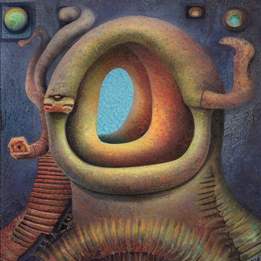 Image similar to a detailed, impasto painting by shaun tan and louise bourgeois of an abstract forgotten sculpture by ivan seal and the caretaker, weirdcore folk album cover