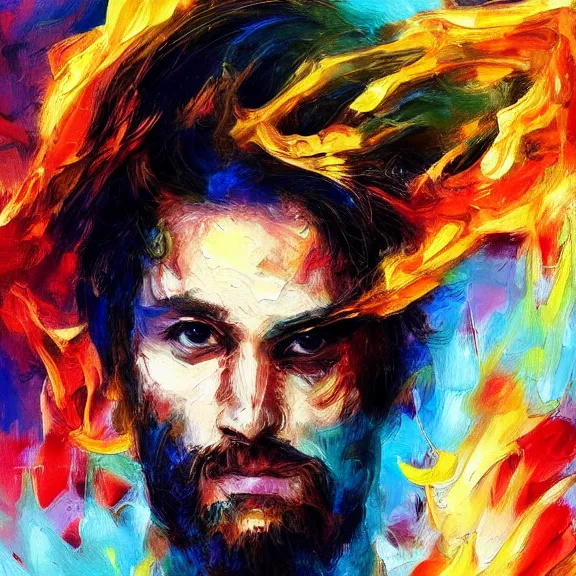 Image similar to abstract painting of man on fire. Handsome. Long hair. portrait. ArtStation. Impressionist. Painful.