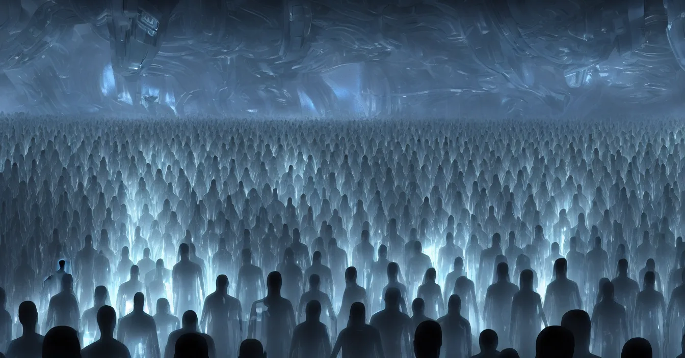 Prompt: the funeral of a famous translucent alien humanoid in futuristic church, body crawling in a transparent coffin, alien crowd stay around, volumetric light, dark atmosphere, dramatic view, depth, defocus, strong ambient occlusion, raytracing, raymarching, from movie by ilm, digital domain, weta digital