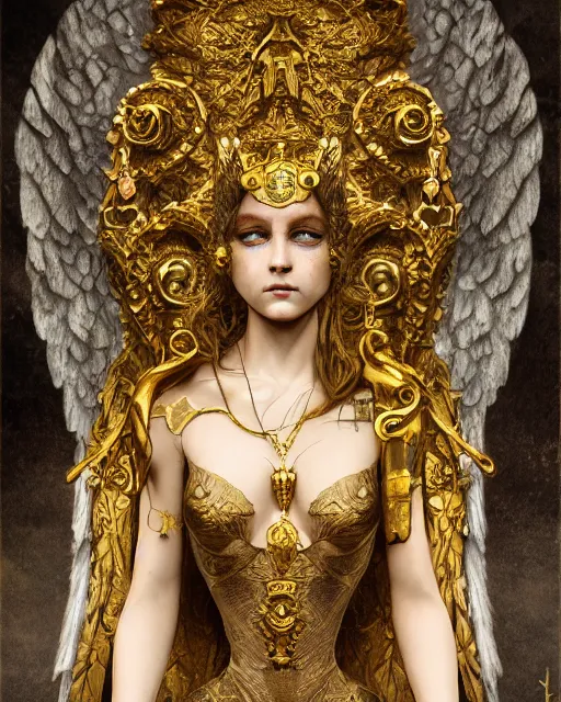 Image similar to concept art, angel woman, beautiful, frank frazetta, ornate, art nouveau, symmetrical, gold jewelry, high contrast, unbiased render, Emil melmoth, eerie, haunting, victorian, 8k, octane render, style of Gustav Klimt, head and shoulders