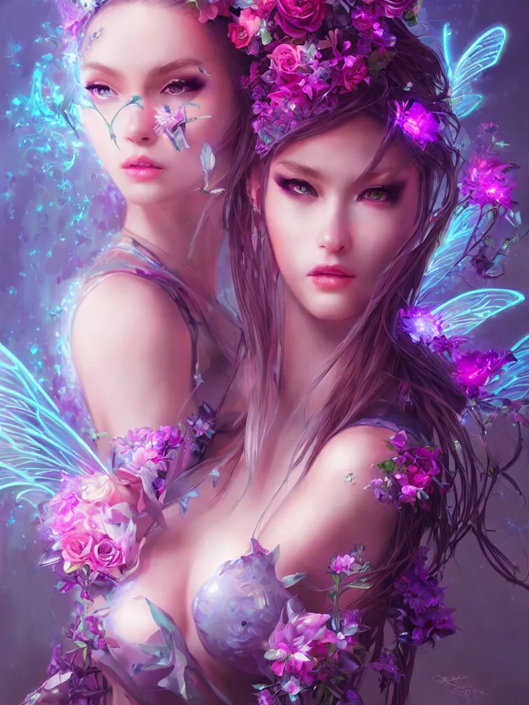 Prompt: half body portrait of a beautiful cyber fairy, in a cyberpunk garden, elegant pose, body covers with neon flowers, realistic digital painting, artgerm, sakimichan, huang guangjian