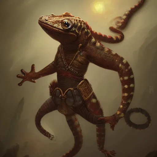 Image similar to Cute anthropomorphic Gecko as a Great Bagatur from Kazakh Khanate, Turkic Batur, Ancient Central Asia, cover art, ultra wide lens shot, pretty, beautiful, DnD character art portrait, matte fantasy painting, DeviantArt Artstation, by Jason Felix by Steve Argyle by Tyler Jacobson by Peter Mohrbacher, cinematic lighting