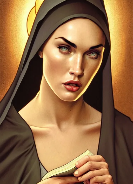 Image similar to portrait of megan fox as an overweight sultry nun, catholic, church, bible, christianism, praying, intrigante, headshot, highly detailed, digital painting, artstation, concept art, sharp focus, cinematic lighting, illustration, art by artgerm and greg rutkowski, alphonse mucha, cgsociety