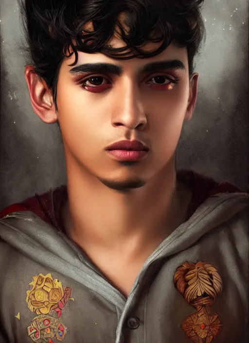 Image similar to a magical portrait of a mexican young male gang member with beautiful brown eyes and short black hair, art by manuel sanjulian and tom bagshaw