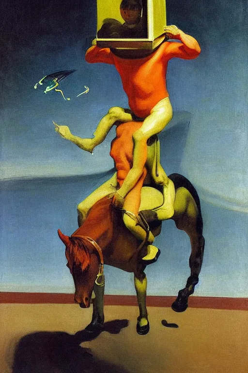 Prompt: a small man with a horse's head sits astride a man in an astronaut costume, hauntingly surreal, highly detailed painting by francis bacon, edward hopper, adrian ghenie, gerhard richter, and james jean soft light 4 k,