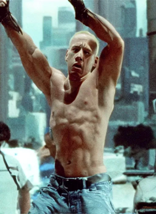 Prompt: film still of Eminem as John McClane in Die Hard, 4k