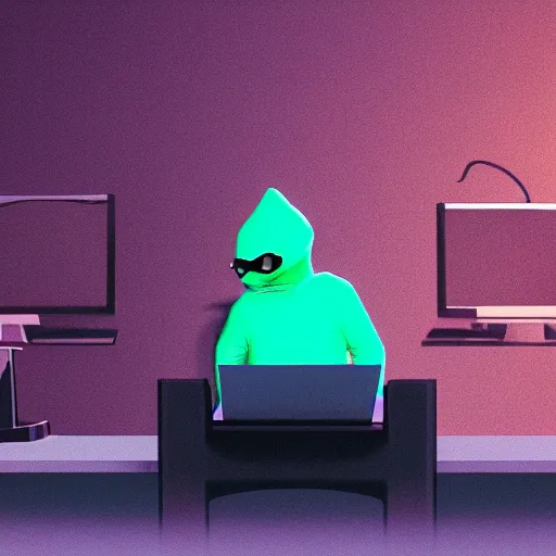 Prompt: a hacker cat, green hoodie accomplished look, dark background, sitting at a laptop, terminal console on screen, shadows, matte painting, bold shapes, hard edges, octane render, unreal engine