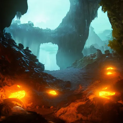 Prompt: cave, Avatar, bioluminescent, Artstation HQ, photorealistic, hiperrealistic, sharp focus, 4k UHD, Unreal Engine 5, cinematic shot, cinematic lightning, dark tones, high contrast, intricate, masterpiece, sharp focus