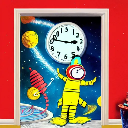 Image similar to photo - realism, space astronaut opening door that shows space and time created by dr. suess with extra detail, epic, 0, perfection.