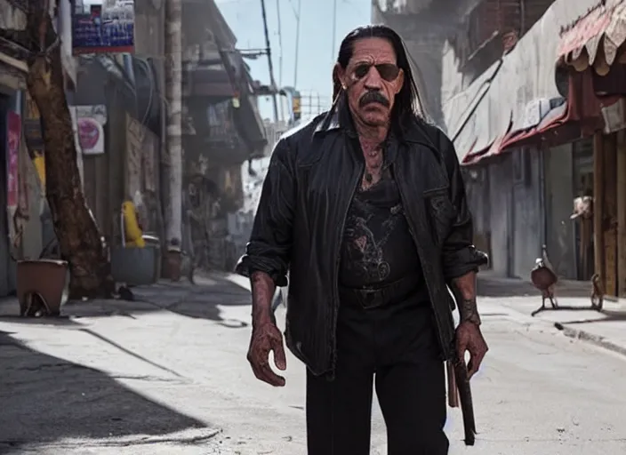 Prompt: film still of Danny Trejo roaming the dirty streets in the new Deathwish, 4k