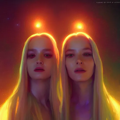 Image similar to cosmic twins, huggy wuggy from poppy playtime video game, fullbody, ultra high detailed, glowing lights, oil painting, greg rutkowski, charlie bowater, beeple, unreal 5, daz, hyperrealistic, octane render, rpg portrait, dynamic lighting, fantasy art, beautiful face