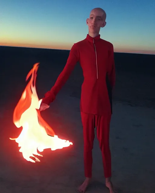 Image similar to [ [ [ [ [ [ squidward ] ] ] ] ] ] wearing fire nation clothing and practicing firebending outside at susnset