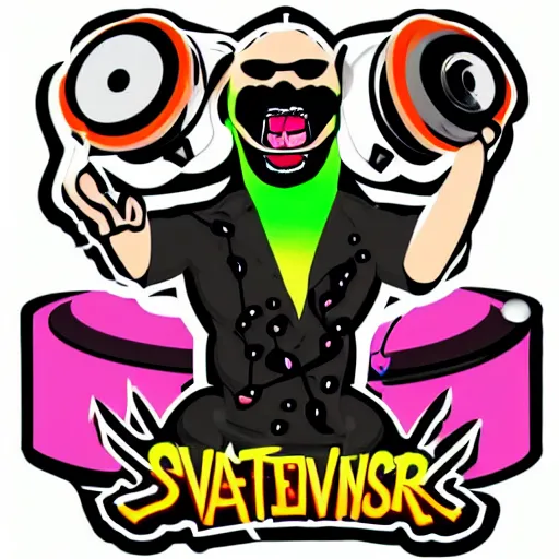 Image similar to svg vector sticker of absolutely insane-mad-scientist-villain, rocking out, wearing headphones, huge speakers, dancing, rave, DJ, spinning records, digital art, amazing composition, rule-of-thirds, award-winning, trending on artstation, featured on deviantart