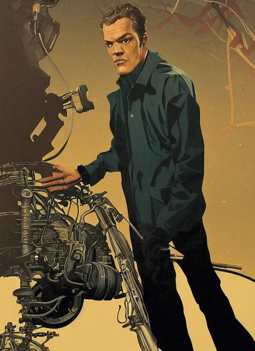 Image similar to poster artwork by Michael Whelan and Tomer Hanuka, Karol Bak of portrait of Michael Shannon!! the local mechanic clerk at the auto store, from Twin Peaks, clean, simple illustration, nostalgic, domestic, full of details