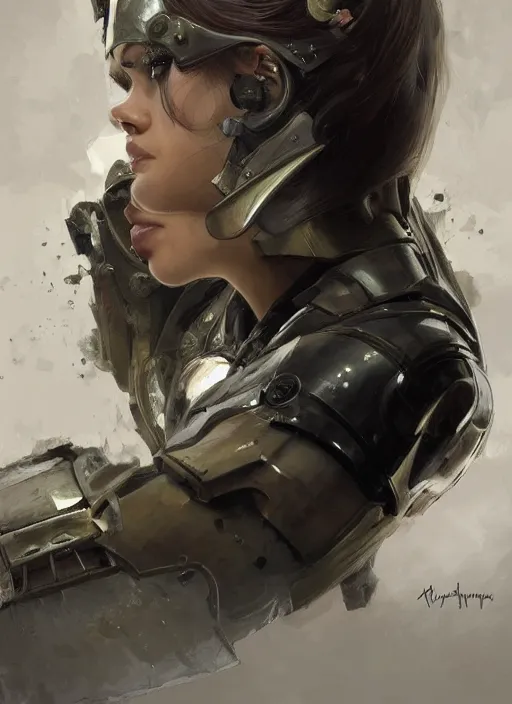 Image similar to a professional painting of a beautiful young female, clothed in military armor, olive skin, long dark hair, beautiful bone structure, symmetrical facial features, intricate, elegant, digital painting, concept art, smooth, sharp focus, illustration, from Metal Gear, by Ruan Jia and Mandy Jurgens and Artgerm and William-Adolphe Bouguerea