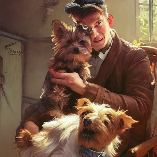 Image similar to cute yorkshire terrier delivery guy, Renowned character illustration by greg rutkowski, thomas kindkade, alphonse mucha, loish, norman rockwell. Trending on furaffinity. Digital art.