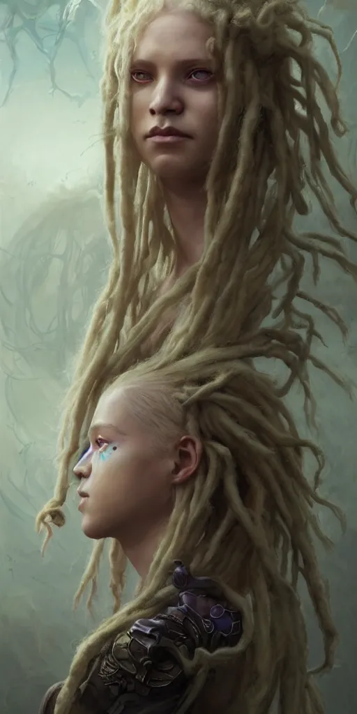 Image similar to fantasy changeling girl with blonde dreadlocks revealing her true nature, staring eyes, dim light, front game card, marvel comics, dark, intricate, highly detailed, smooth, smirking, artstation, digital illustration by ruan jia and mandy jurgens and artgerm and wayne barlowe and greg rutkowski and zdislav beksinski