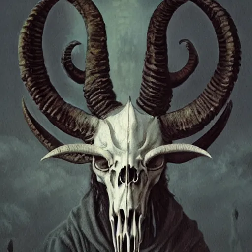 Image similar to baphomet with goat horns holding an animal skull, style of da vinci, horror, fantasy illustration, by greg rutkowski