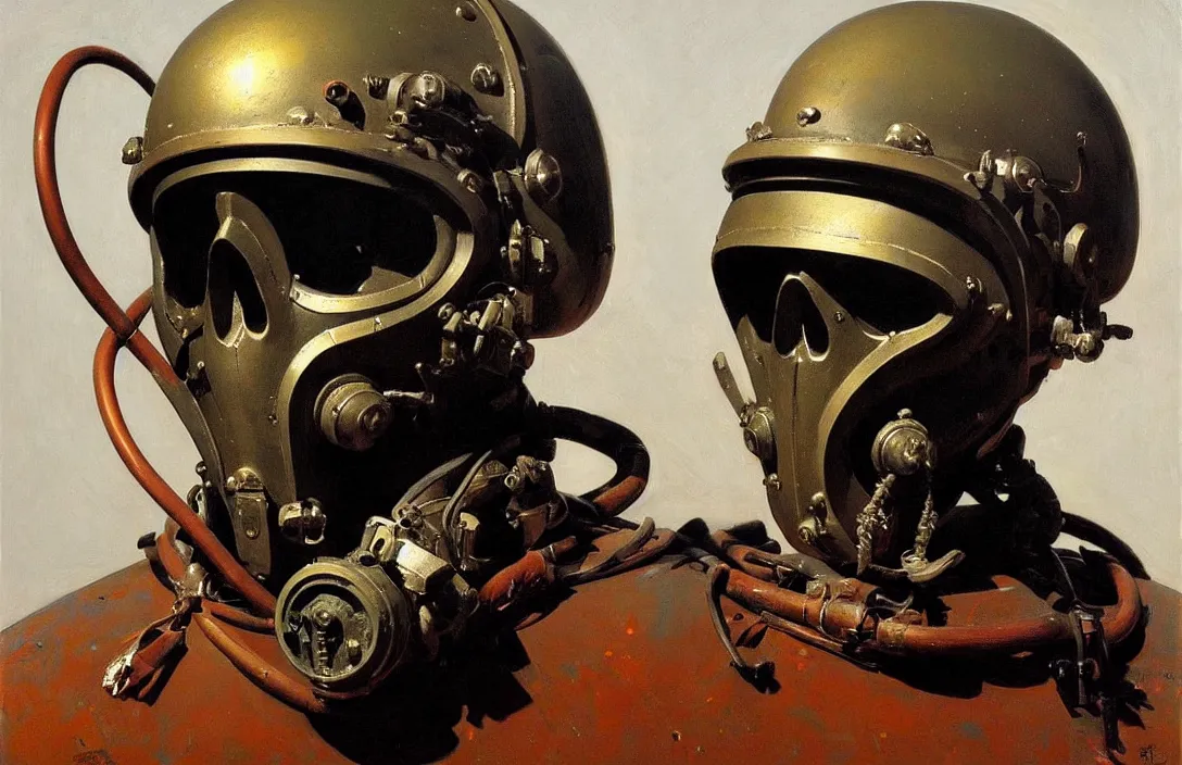 Image similar to portrait of deep sea diver helmet!!!!!!!!!!!!!!!!!!!!!!!!!!!, detailed skull face, detailed painting, epic lighting, by ilya repin, phil hale and kent williams