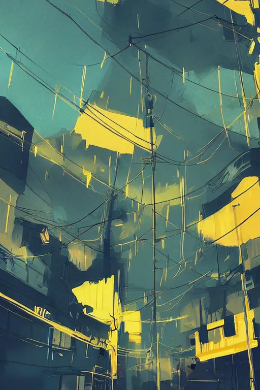 Prompt: teal and yellow colors. Utility poles in style of cytus and deemo, mysterious vibes, set in half-life 2, beautiful with eerie vibes, very inspirational, very stylish, surrealistic, perfect digital art, mystical journey in strange world, bastion game