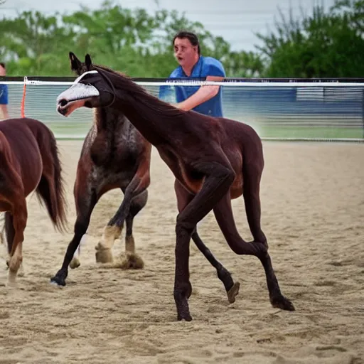 Prompt: horses and a velociraptors playing volleyball