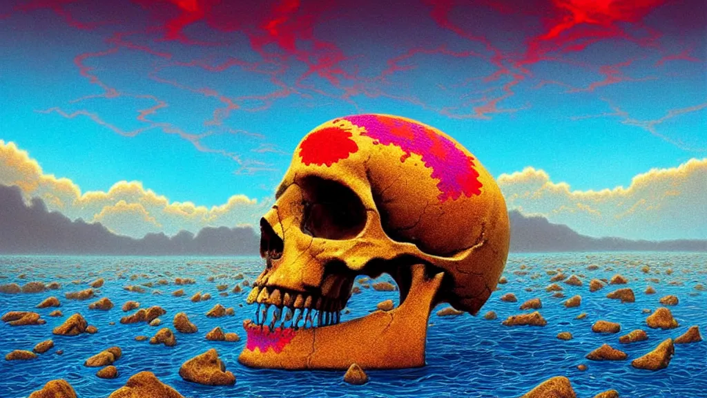 Prompt: A beautiful digital artwork of a cellular automata skull in the sky. Blue and red and yellow pastel color scheme, dramatic soft lighting, clear skies. A flowing river with rocks, by Jeffrey Smith and Tyler Edlin and Patrice Murciano