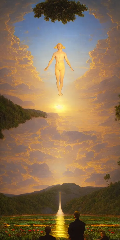 Prompt: symmetry!! god overlooking a surreal landscape of a dream, lucid dream, people, very detailed, serene, peaceful, golden hour, perfect lighting, perfect composition, digital art, illustration, frederic edwin church, tom white, 4 k