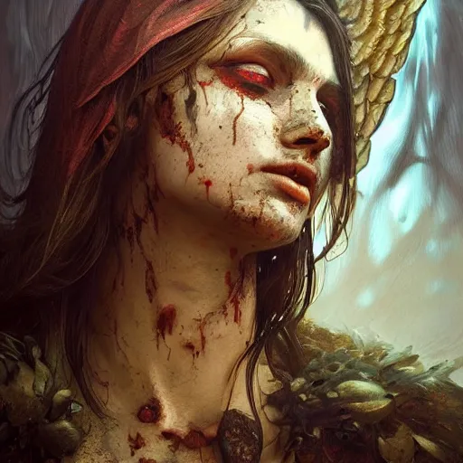 Image similar to portrait of a fallen angel, bloody wings, face covered in dirt and blood, crying, intricate, headshot, highly detailed, digital painting, artstation, concept art, sharp focus, cinematic lighting, illustration, art by artgerm and greg rutkowski, alphonse mucha, cgsociety