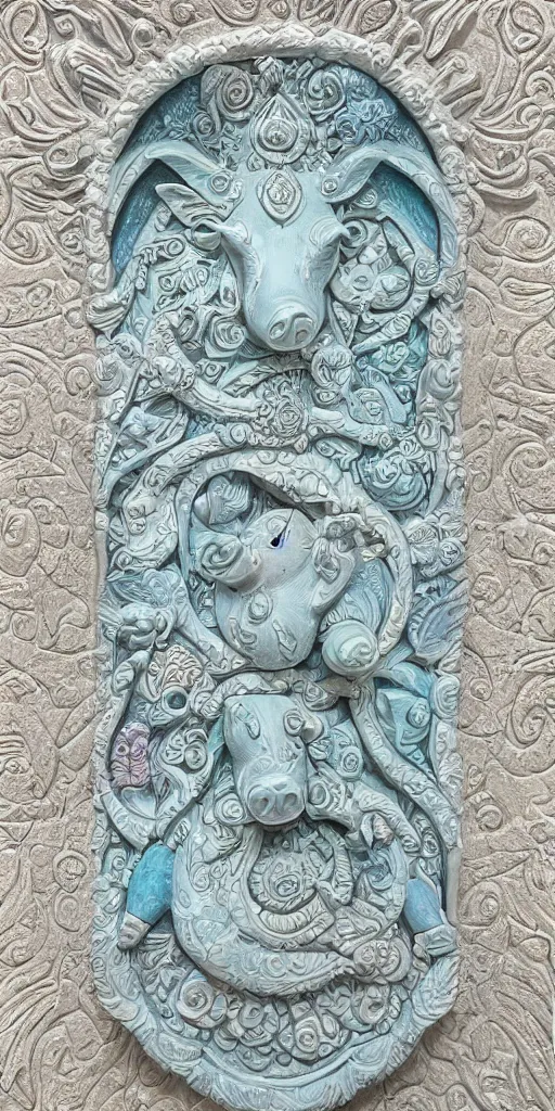 Prompt: intricate colourfully painted carved Soapstone relief paneling, white and pale blue , celestial, pig, piglet, piggy, pig goddess, mother earth, Earth Goddess mythology, Gaia, angels, divinity, Ghostly, crystaline celtic, insanly detailed , artstation, wallpaper, hyper realistic, realistic lighting