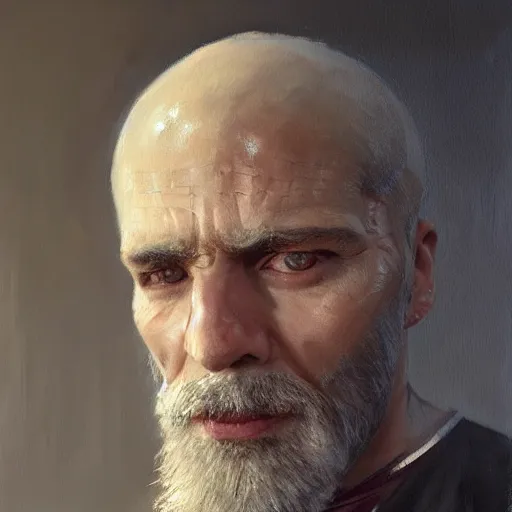 Image similar to An oil painting of a man dressed in priest robes, 50 years old, short grey hair, trimmed beard, sharp facial features, beautiful, highly detailed, by Cédric Peyravernay, trending on artstation