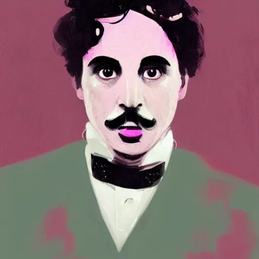 Image similar to a portrait of charlie chaplin, rainy background, pink bright art masterpiece artstation. 8 k, sharp high quality artwork in style of jose daniel cabrera pena and greg rutkowski, concept art by tooth wu, hearthstone card game artwork.