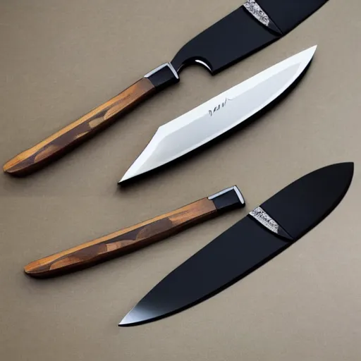 Image similar to three knives reflective blade with polished wooden handles, on a black table with diamond legs 2 2 mm 4 k clock on wall