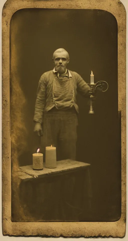 Image similar to a highly detailed digital collodion photograph, a portrait of a candlemaker