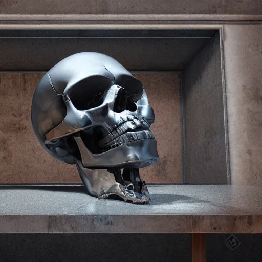 Prompt: a destroyed skull of a robot, made with scuffed brushed metal, missing parts, wires, on display, on a museum pedestal, redshift render, by Victor Hugo, greeble