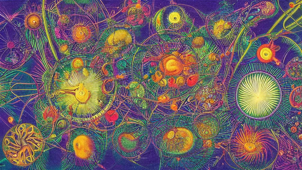 Image similar to quantum connections represented as symbiotic organisms like cells playing around with colorful lights by ernst haeckel, liquid