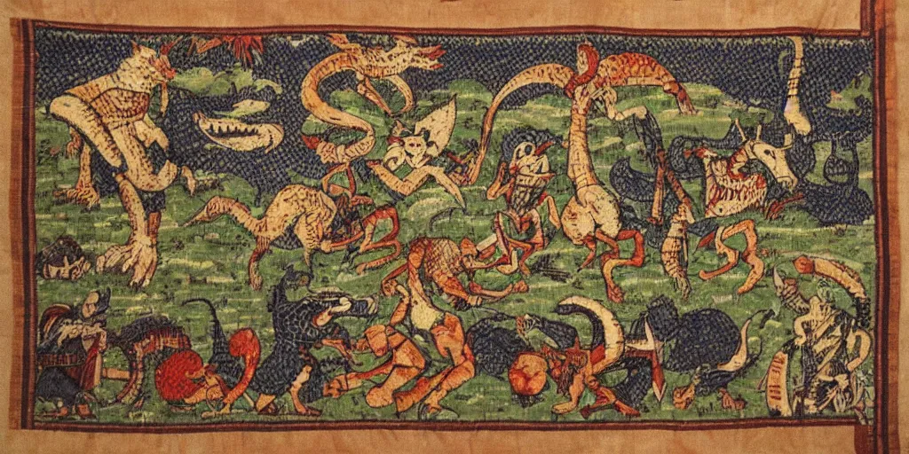 Image similar to Monster Hunter in medieval tapestry, historic