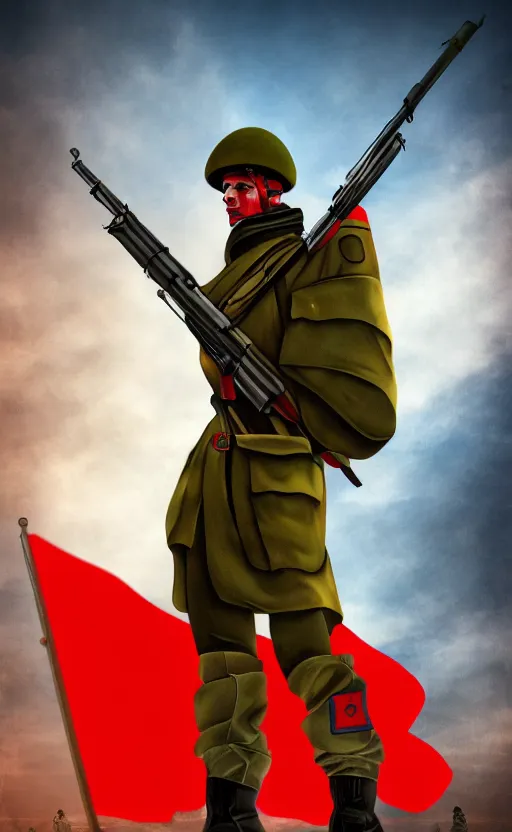 Prompt: Futuristic Soviet soldier with red flag in background, overdetailed digital art, hd, 4k