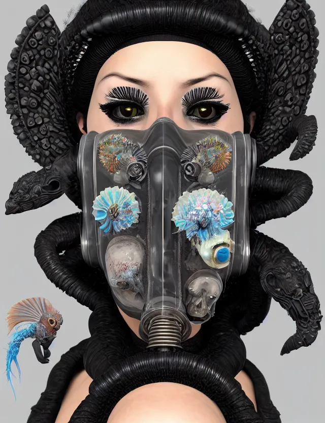 Image similar to 3 d goddess close - up profile punk portrait with vintage gas mask ram skull. beautiful intricately detailed japanese crow kitsune mask and clasical japanese kimono. betta fish, jellyfish phoenix, bio luminescent, plasma, ice, water, wind, creature, artwork by tooth wu and wlop and beeple and greg rutkowski