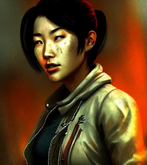 Prompt: fallout 5, charismatic beautiful rugged asian female protagonist, portrait, outdoors in a dilapidated tokyo back alley, atmospheric lighting, painted, intricate, volumetric lighting, daytime, autumn, fog, sharp focus, ultra detailed, art by william turner