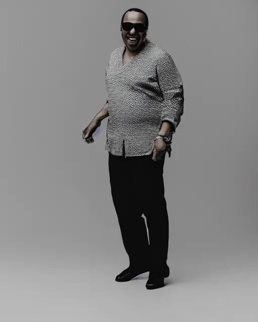 Image similar to Fully-clothed full-body candid portrait of Stevie Wonder, Canon EOS R5, 50mm, F1.4, black background, dark studio lighting, professional, 8K