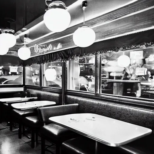 Image similar to inside of a diner with jellyfish waiters, cozy lighting, late night, photo