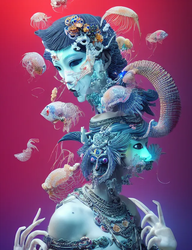 Image similar to 3 d goddess bottom - up with ram skull. beautiful intricately detailed japanese crow kitsune mask and clasical japanese kimono. betta fish, jellyfish phoenix, bio luminescent, plasma, ice, water, wind, creature, artwork by tooth wu and wlop and beeple and greg rutkowski