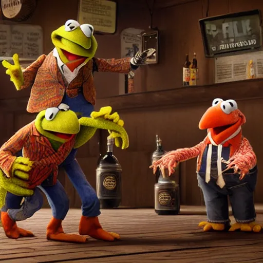 Image similar to the muppets getting in a bar fight, ultra realistic, concept art, intricate details, highly detailed, photorealistic, octane render, 8 k, unreal engine. art by boris vallejo