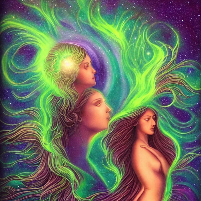 Prompt: the rise of the divine feminine goddess, bioluminescent, aurora in the universe, cosmos, divine power energy, light force, hyper - realistic, highly detailed, mystical, sharp focus, realistic, sci - fi, the awakening of the divine energy