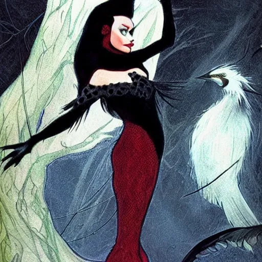 Prompt: dark swan queen, black hair, black feathers instead of hair, gothic, red lips, feathers growing out of skin, black fingers with black claws, bird feet, black bodysuit, disney villain, dark fae, moulting, suspended in zero gravity, on spaceship with cables hanging down, highly detailed, mucha, mike mignogna, comic book, illustration