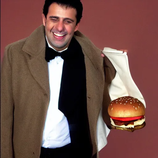 Prompt: clean - shaven smiling white chubby italian american man in his 4 0 s wearing a brown overcoat overcoat overcoat and necktie holding a giant burger, 2 0 0 0 avertising promo shot