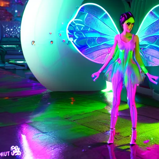 Image similar to neon fluorescent, iridescent beautiful fairies cyperpunk 2 0 7 7, unreal engine 5, 8 k ultra realistic, hyperdetailed, volumetric lighting, extremely high quality